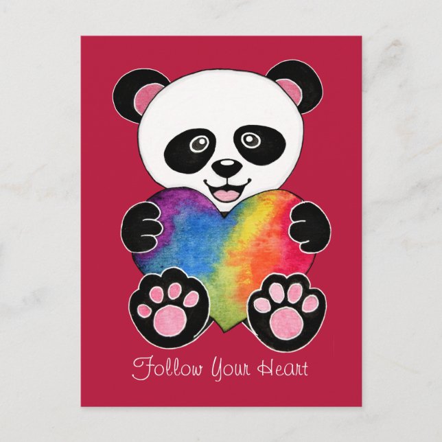 Carte Postale Panda Aquarelle Cute Avec Coeur Arc En Ciel (Devant)