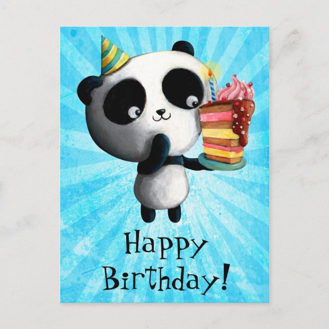 Carte Postale Panda d'anniversaire mignonne avec gâteau (Devant)