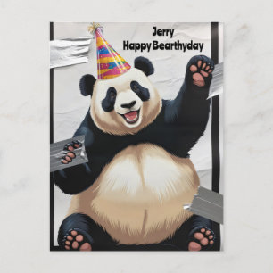 Carte Postale Panda géant assis avec un casquette d'anniversaire