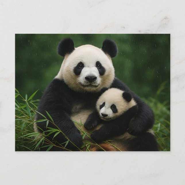Carte Postale Panda Mother & Cub in Gentle Rain (Devant)