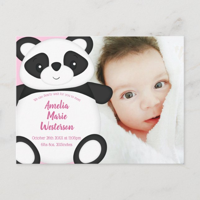 Carte Postale Panda rose ours bébé Faire-part de naissance (Devant)