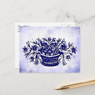 Carte Postale Panier à fleurs bleu blanc Floral Faux Canvas