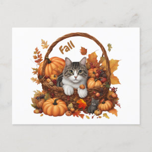 Carte Postale Panier Citrouille d'automne avec de mignons chats