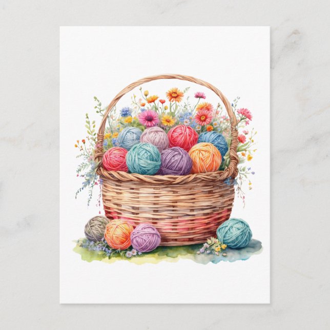 Carte Postale Panier d'aquarelle avec boules de fils et fleurs (Devant)