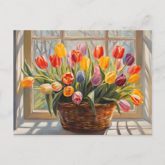 Carte Postale Panier d'aquarelle avec fleurs de tulipes