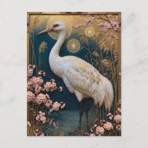 Carte Postale Panneau Art Nouveau Grue Blanche avec Fleurs de Ce