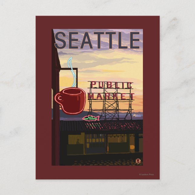 Carte Postale Panneau du marché de SeattlePike Place et vue sur  (Devant)