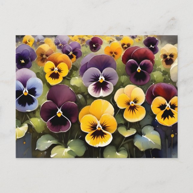 Carte Postale Pansies jaunes et violets aquarelle (Devant)