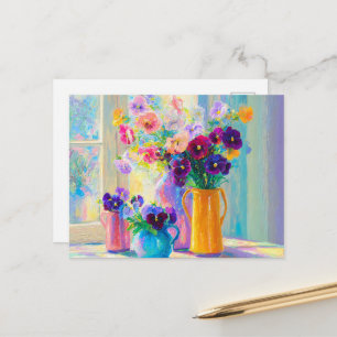 Carte Postale Pansies violettes et roses à l'aquarelle florale