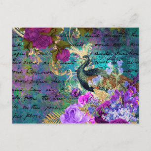 Carte Postale Paon et fleurs illustrés antiques grunge