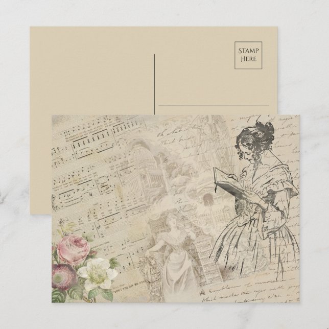 Carte Postale Papier à Musique Ancien Écriture Lettre d'Amour Da (Devant / Derrière)