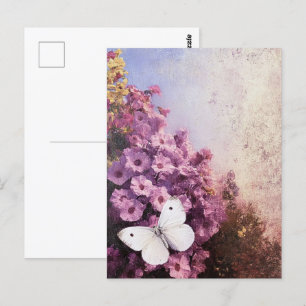 Carte Postale Papillon blanc Fleurs violettes Impressionniste
