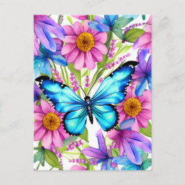 Carte Postale Papillon bleu dans un champ de fleurs