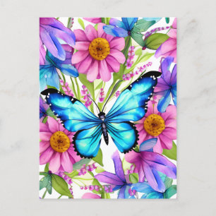 Carte Postale Papillon bleu dans un champ de fleurs