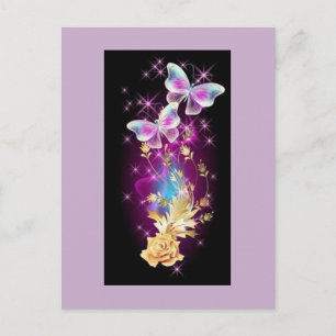 Carte Postale Papillon bleu et violet clair avec rose dorée