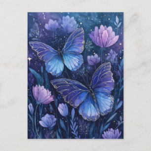 Carte Postale Papillon Bleu et Violet dans un Jardin Floral Étoi