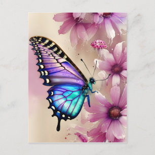 Carte Postale Papillon bleu étonnant et fleurs roses