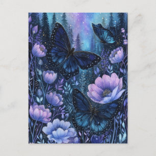 Carte Postale Papillon Bleu Marine dans le Ciel de Nuit d'une Fo