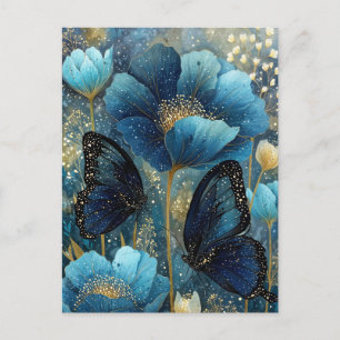Carte Postale Papillon bleu marine et or avec fleur sarcelle