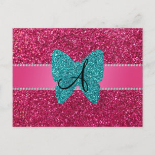 Carte Postale Papillon de parties scintillant turquoise monogram