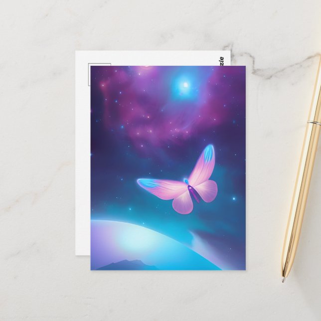 Carte Postale Papillon d'espace bleu et rose (Devant/Arrière en situation)