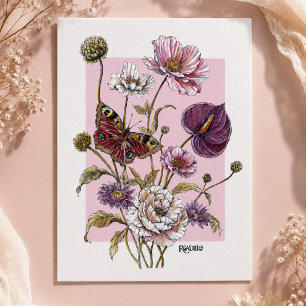 Carte Postale Papillon Fantaisiste et Illustration Botanique