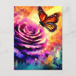 Carte Postale Papillon monarque sur Rose violet au soleil coucha