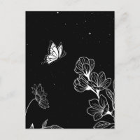 Papillon noir et blanc et fleurs à l'art nocturne