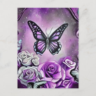 Carte Postale Papillon pourpre et Roses