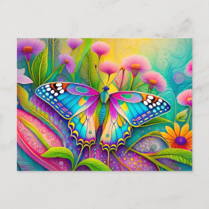 Carte Postale Papillon Psychédélique Coloré et Fleurs Sauvages