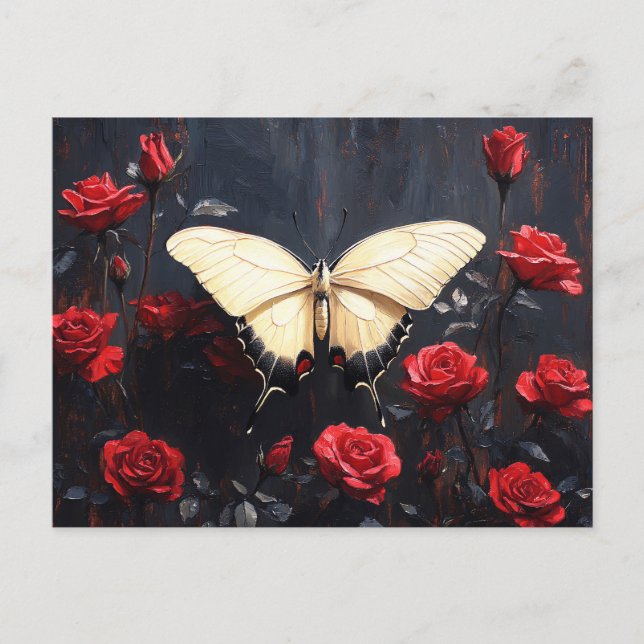 Carte Postale Papillon Reposé parmi les Roses rouges vibrantes (Devant)