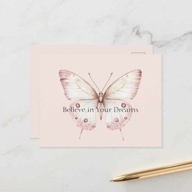 Carte Postale Papillon Rose Pâle Croire en les Rêves (Devant/Arrière en situation)