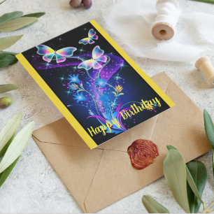 Carte Postale Papillon scintillant violet jaune bleu personnalis