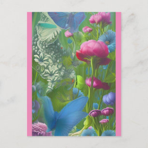 Carte Postale Papillons bleus, roses et blancs