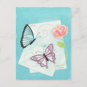 Carte Postale Papillons et aquarelle rose