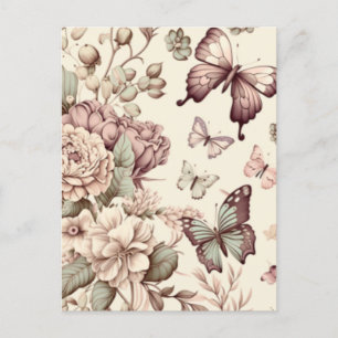 Carte Postale Papillons et fleurs décoration pastel