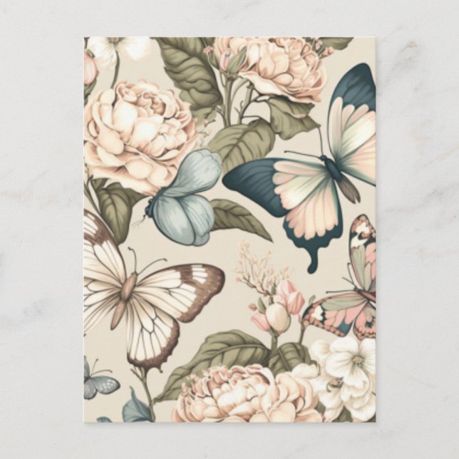 Carte Postale Papillons et fleurs pastel (Devant)