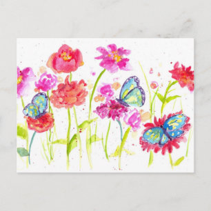 Carte Postale Papillons Fleurs sauvages d'aquarelle rose