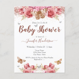 Carte Postale Papillons floraux Baby shower rose
