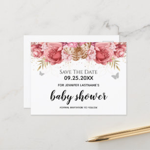 Carte Postale Papillons roses Baby shower floral Enregistrer la 