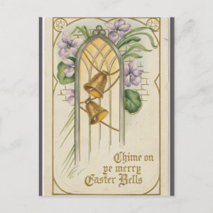 Carte Postale Pâques Cloches Vintage et Fleurs Violettes