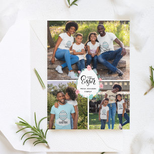 Carte Postale Pâques Nom De Famille 3 Photo Collage Oeuf Floral 