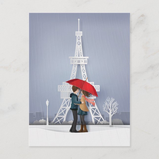 Carte Postale Parapluie rouge à Paris Couple (Devant)