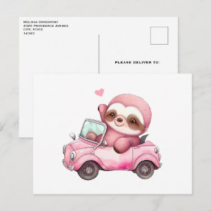 Carte Postale Paresseux Rose Sourire au Volant d'une Décapotable