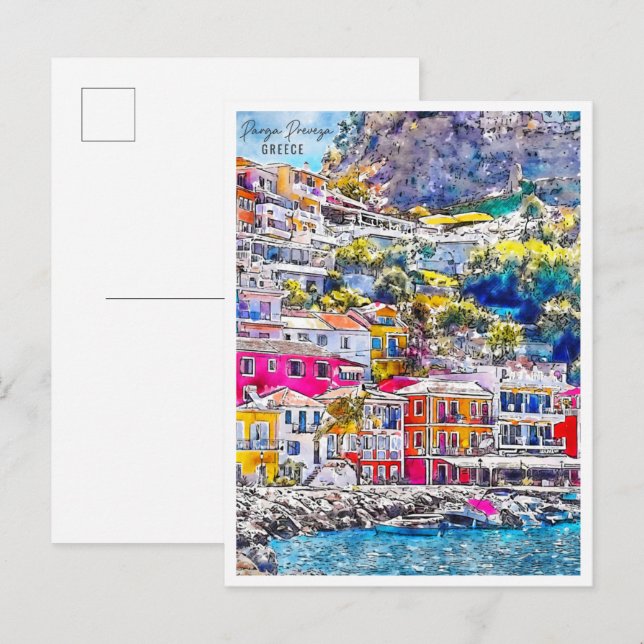 Carte Postale Parga Preveza Grèce vintage voyage aquarelle (Devant / Derrière)