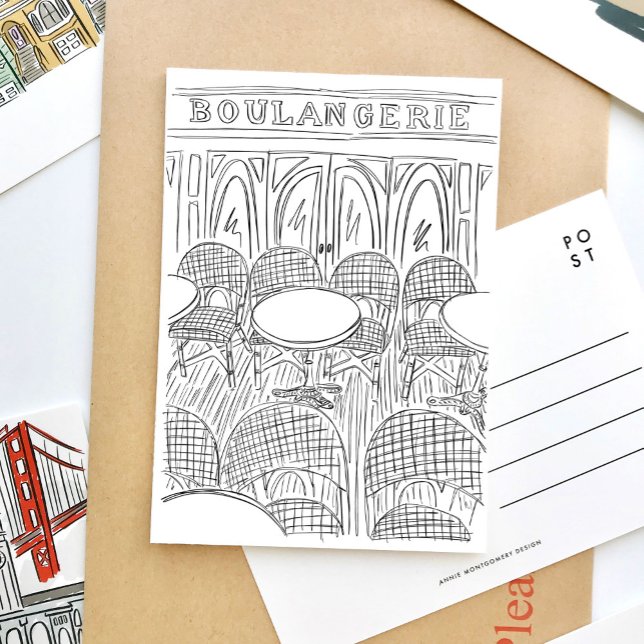 Carte postale Paris Café Boulangerie noir et blanc (Black and white sketch Paris Boulangerie travel postcard.)