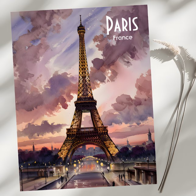 Carte Postale Paris Eiffel Tour Twilight Aquarelle (Paris Eiffel Tower Twilight Watercolor Custom Text Postcard)