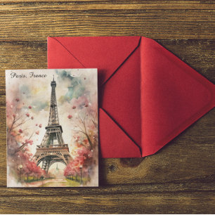 Carte Postale Paris romantique Tour Eiffel Aquarelle Florale