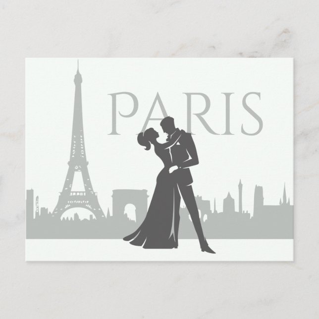 Carte Postale Paris Skyline Tour Eiffel Couple Amour Gris, Blanc (Devant)