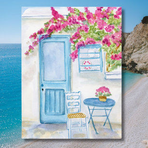 Carte Postale Paros Grèce Porte Bleue & Bougainvillée Aquarelle